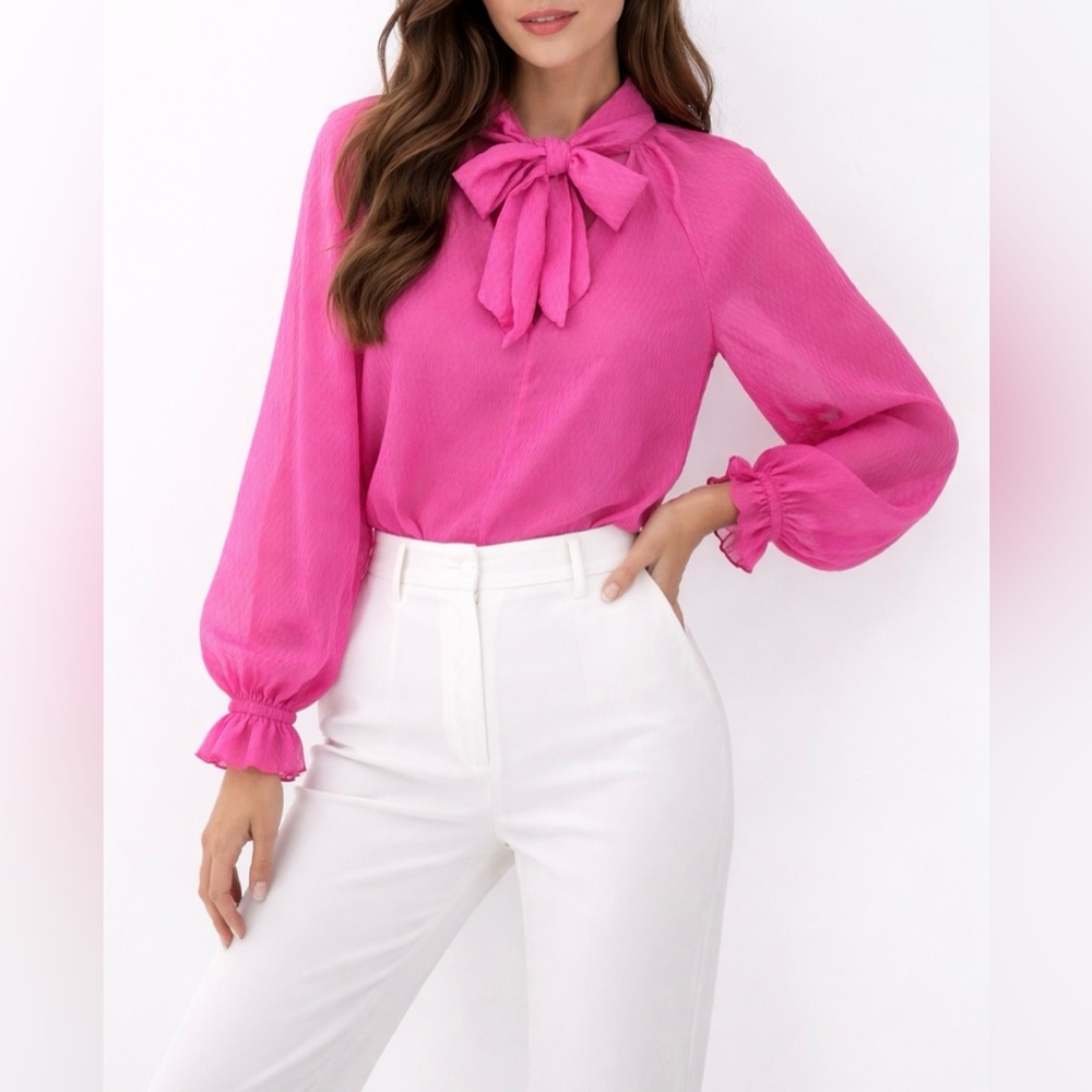 NWT Glam Pink Retro Necktie Long Sleeve Textured Chic Blouse Top Size Medium